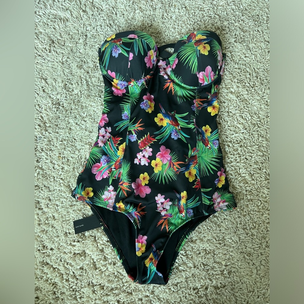Tavik Bandage Back Tropical Print  Strapless Swimsuit Size L